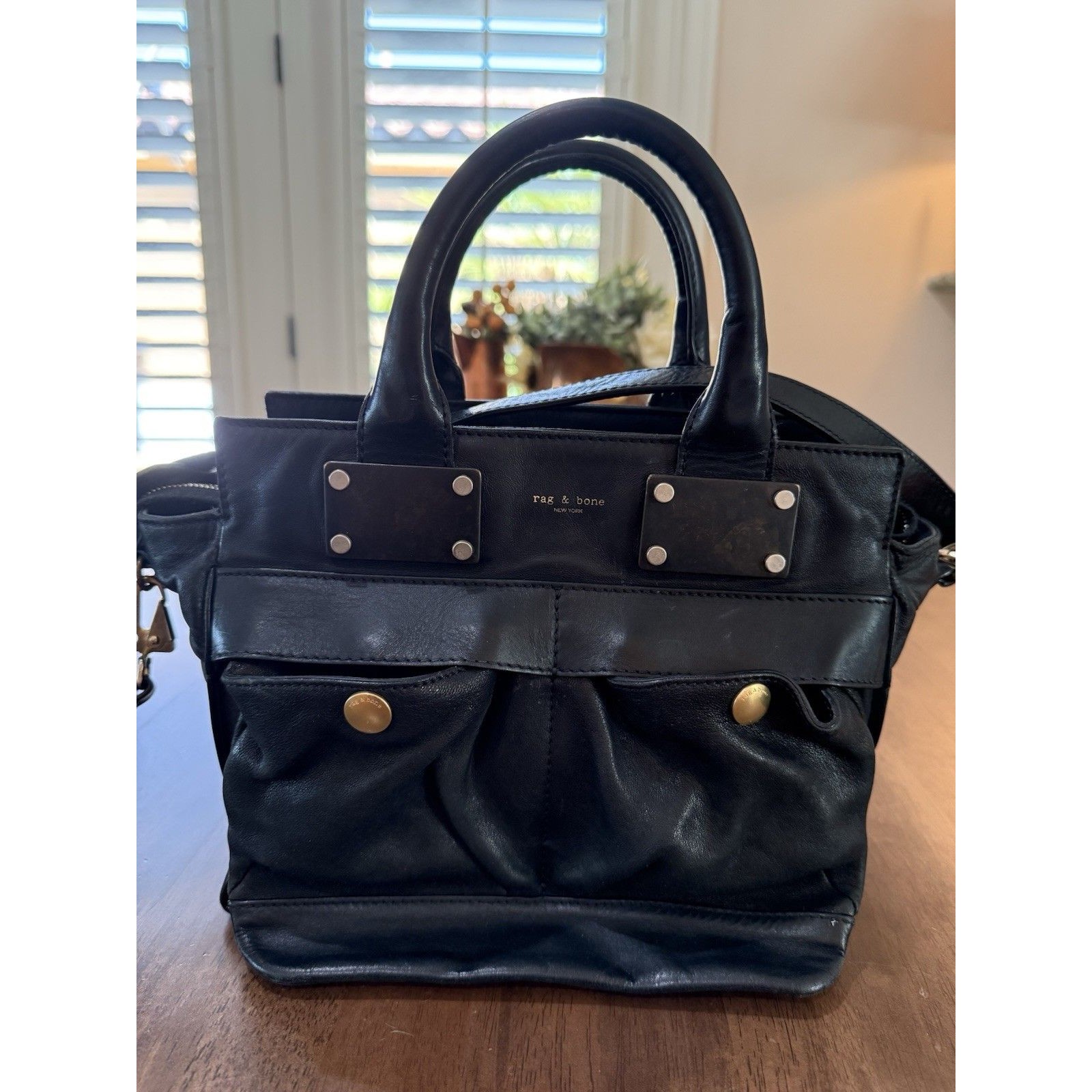 Rag & Bone Atlas Black Lamb Leather Satchel Tote Crossbody Bag Brass Hardware M